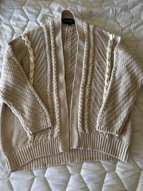 Michael Stars Relaxed Open Front Cocoon Ribbon Detail Beige Cardigan NWOT Size S - Picture 3 of 7